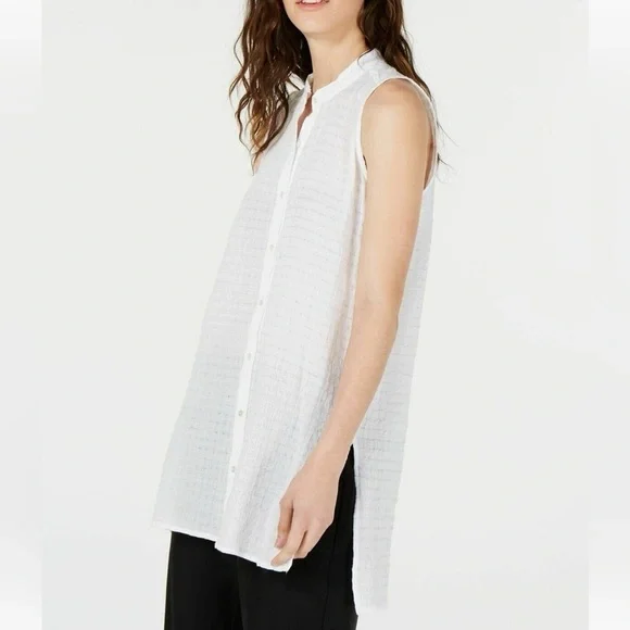 Eileen Fisher Organic Cotton Voile Box Mandarin Button Tunic in White sz S, $198